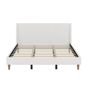 English Elm Modern Boucle King Bed Wingback Headboard Walnut Legs Platform Frame Bedroom N701P277305K