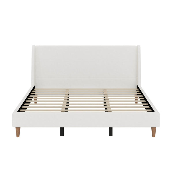 English Elm Modern Boucle King Bed Wingback Headboard Walnut Legs Platform Frame Bedroom N701P277305K