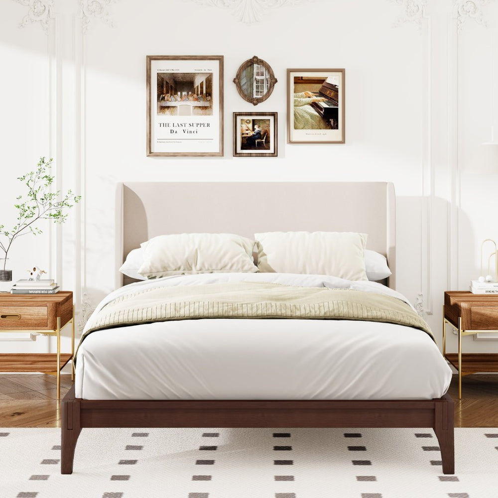 English Elm King Solid Bamboo Platform Bed with 48 Inch Linen Upholstered Headboard Low Profile Chocolate N701P280539Q