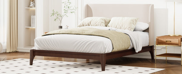 English Elm King Solid Bamboo Platform Bed with 48 Inch Linen Upholstered Headboard Low Profile Chocolate N701P280539Q