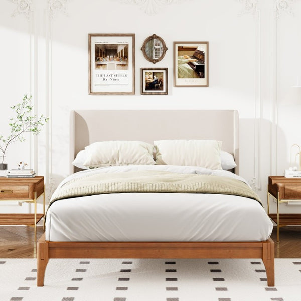 English Elm King Solid Bamboo Platform Bed with Tall Linen Wing Headboard for Modern Bedrooms N701P280539T