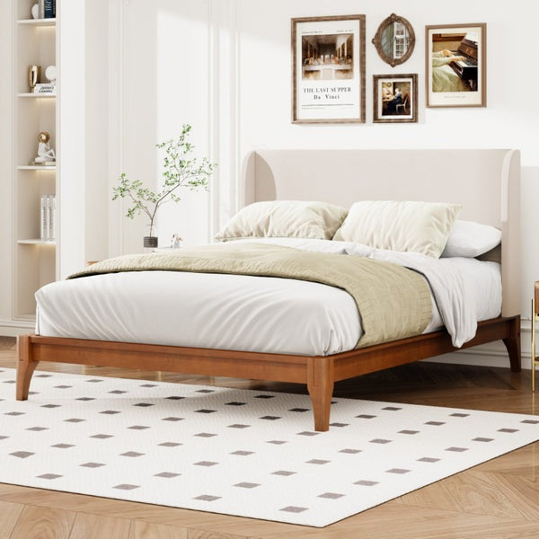 English Elm King Solid Bamboo Platform Bed with Tall Linen Wing Headboard for Modern Bedrooms N701P280539T