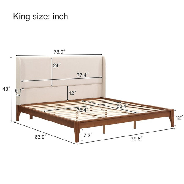 English Elm King Solid Bamboo Platform Bed with Tall Linen Wing Headboard for Modern Bedrooms N701P280539T