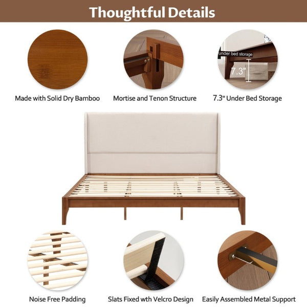 English Elm King Solid Bamboo Platform Bed with Tall Linen Wing Headboard for Modern Bedrooms N701P280539T