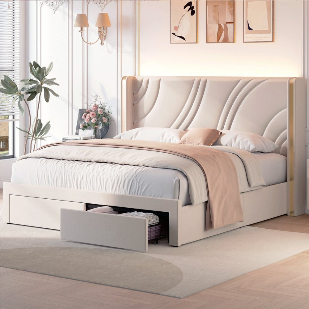 English Elm Full Velvet Wingback Platform Bed with RGB Headboard Lighting and Footboard Storage N701P286696C