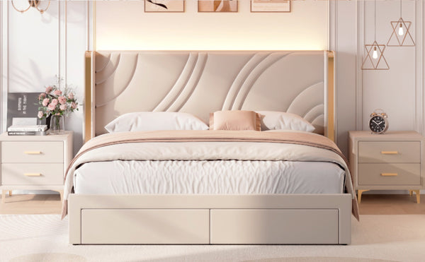 English Elm Full Velvet Wingback Platform Bed with RGB Headboard Lighting and Footboard Storage N701P286696C