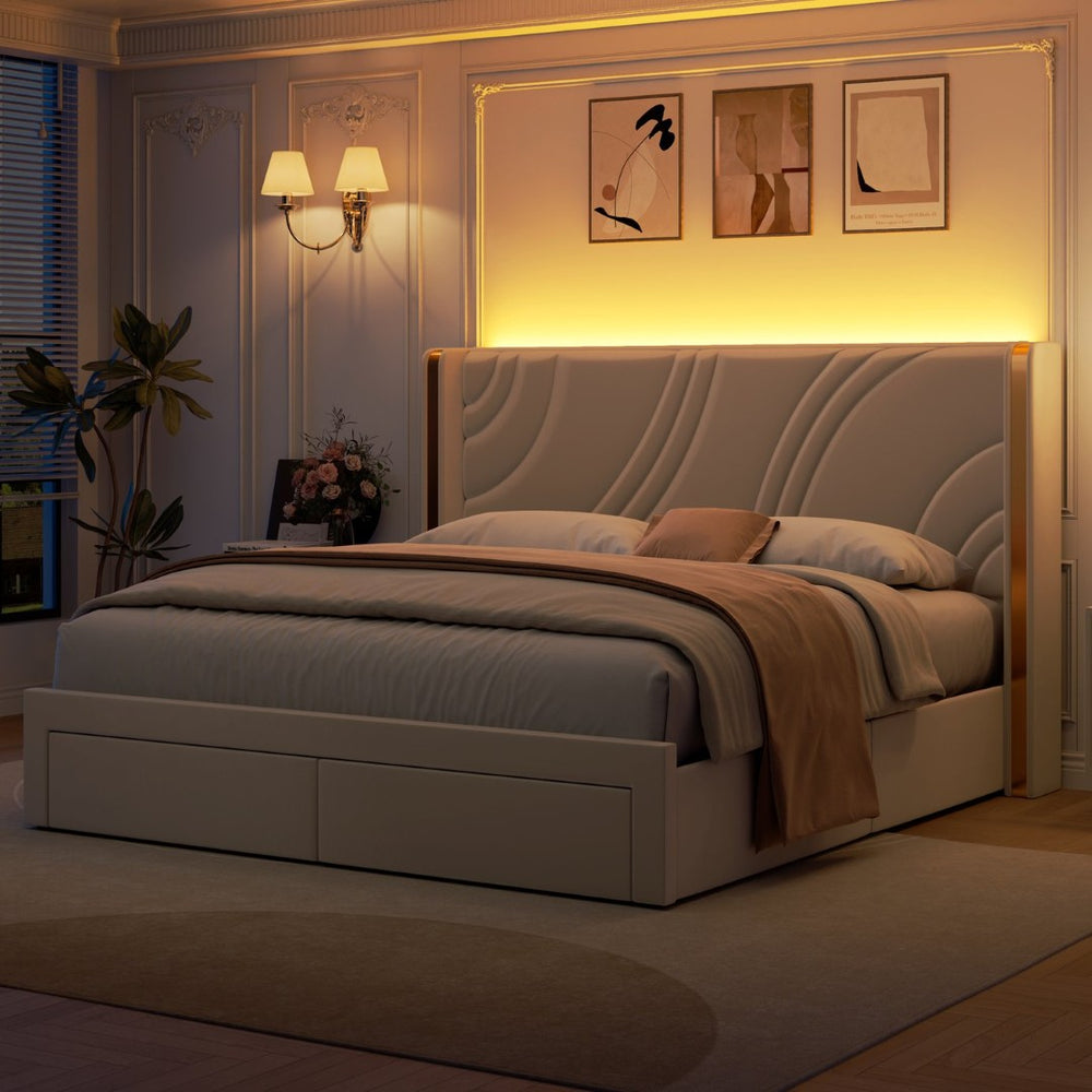 English Elm Full Velvet Wingback Platform Bed with RGB Headboard Lighting and Footboard Storage N701P286696C