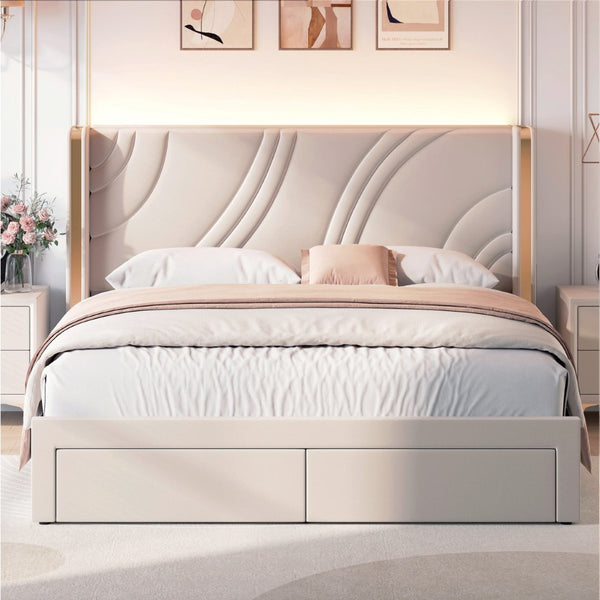 English Elm Full Velvet Wingback Platform Bed with RGB Headboard Lighting and Footboard Storage N701P286696C
