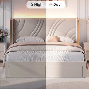 English Elm Full Velvet Wingback Platform Bed with RGB Headboard Lighting and Footboard Storage N701P286696C