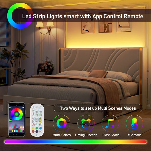 English Elm Full Velvet Wingback Platform Bed with RGB Headboard Lighting and Footboard Storage N701P286696C