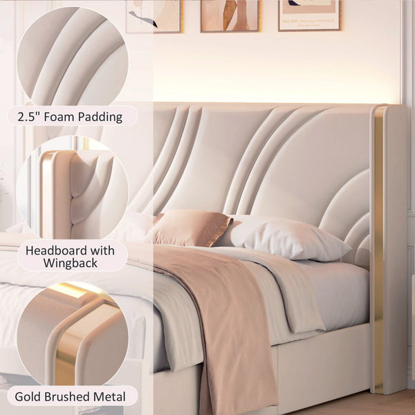 English Elm Full Velvet Wingback Platform Bed with RGB Headboard Lighting and Footboard Storage N701P286696C