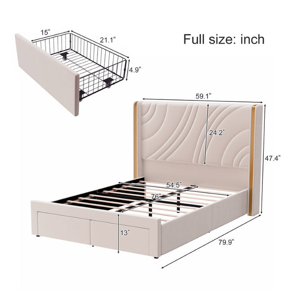English Elm Full Velvet Wingback Platform Bed with RGB Headboard Lighting and Footboard Storage N701P286696C