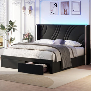 English Elm Queen Velvet Wingback Storage Bed with RGB Lighting Foam Padded Headboard Platform Black N701P286697B