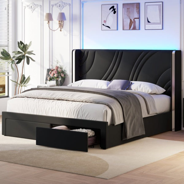 English Elm Queen Velvet Wingback Storage Bed with RGB Lighting Foam Padded Headboard Platform Black N701P286697B