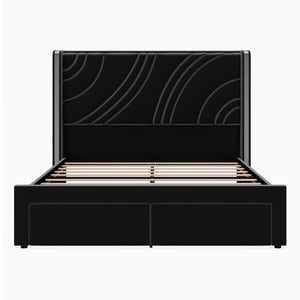 English Elm Queen Velvet Wingback Storage Bed with RGB Lighting Foam Padded Headboard Platform Black N701P286697B