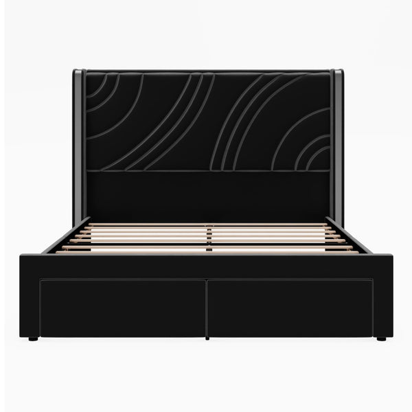 English Elm Queen Velvet Wingback Storage Bed with RGB Lighting Foam Padded Headboard Platform Black N701P286697B