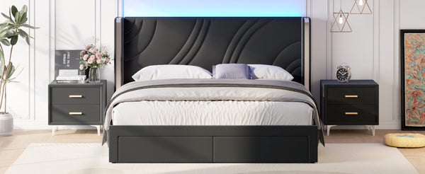 English Elm Queen Velvet Wingback Storage Bed with RGB Lighting Foam Padded Headboard Platform Black N701P286697B