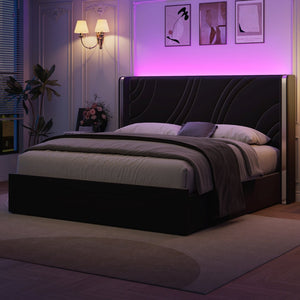 English Elm Queen Velvet Wingback Storage Bed with RGB Lighting Foam Padded Headboard Platform Black N701P286697B
