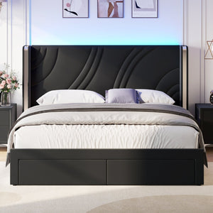 English Elm Queen Velvet Wingback Storage Bed with RGB Lighting Foam Padded Headboard Platform Black N701P286697B