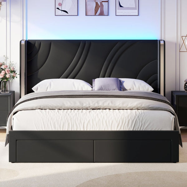 English Elm Queen Velvet Wingback Storage Bed with RGB Lighting Foam Padded Headboard Platform Black N701P286697B