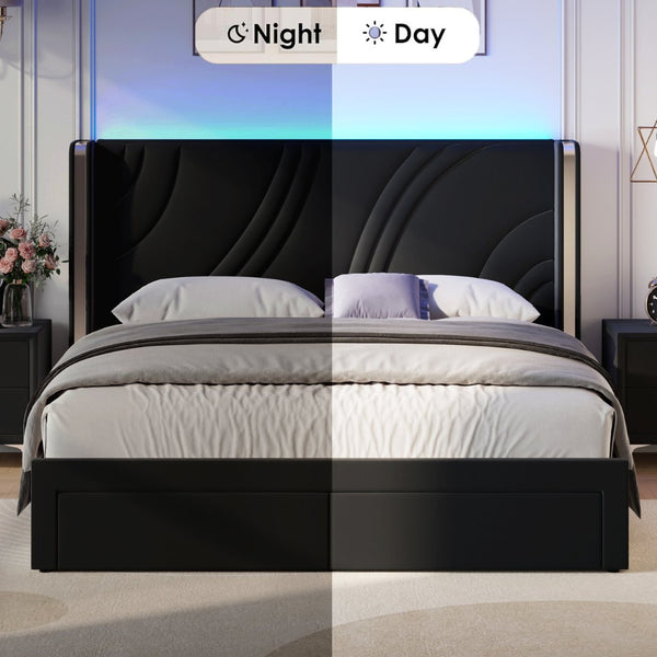 English Elm Queen Velvet Wingback Storage Bed with RGB Lighting Foam Padded Headboard Platform Black N701P286697B
