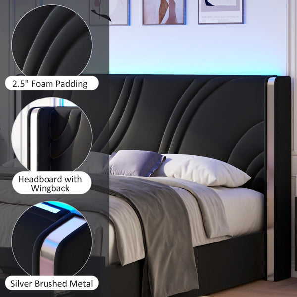 English Elm Queen Velvet Wingback Storage Bed with RGB Lighting Foam Padded Headboard Platform Black N701P286697B