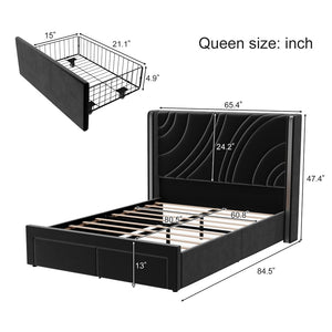English Elm Queen Velvet Wingback Storage Bed with RGB Lighting Foam Padded Headboard Platform Black N701P286697B