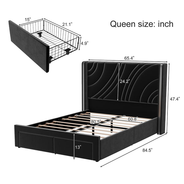 English Elm Queen Velvet Wingback Storage Bed with RGB Lighting Foam Padded Headboard Platform Black N701P286697B