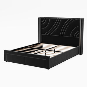 English Elm Queen Velvet Wingback Storage Bed with RGB Lighting Foam Padded Headboard Platform Black N701P286697B