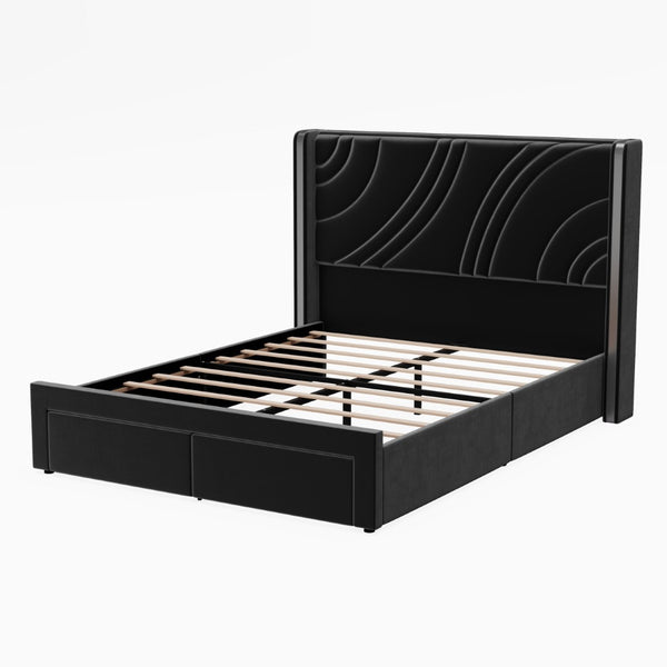 English Elm Queen Velvet Wingback Storage Bed with RGB Lighting Foam Padded Headboard Platform Black N701P286697B