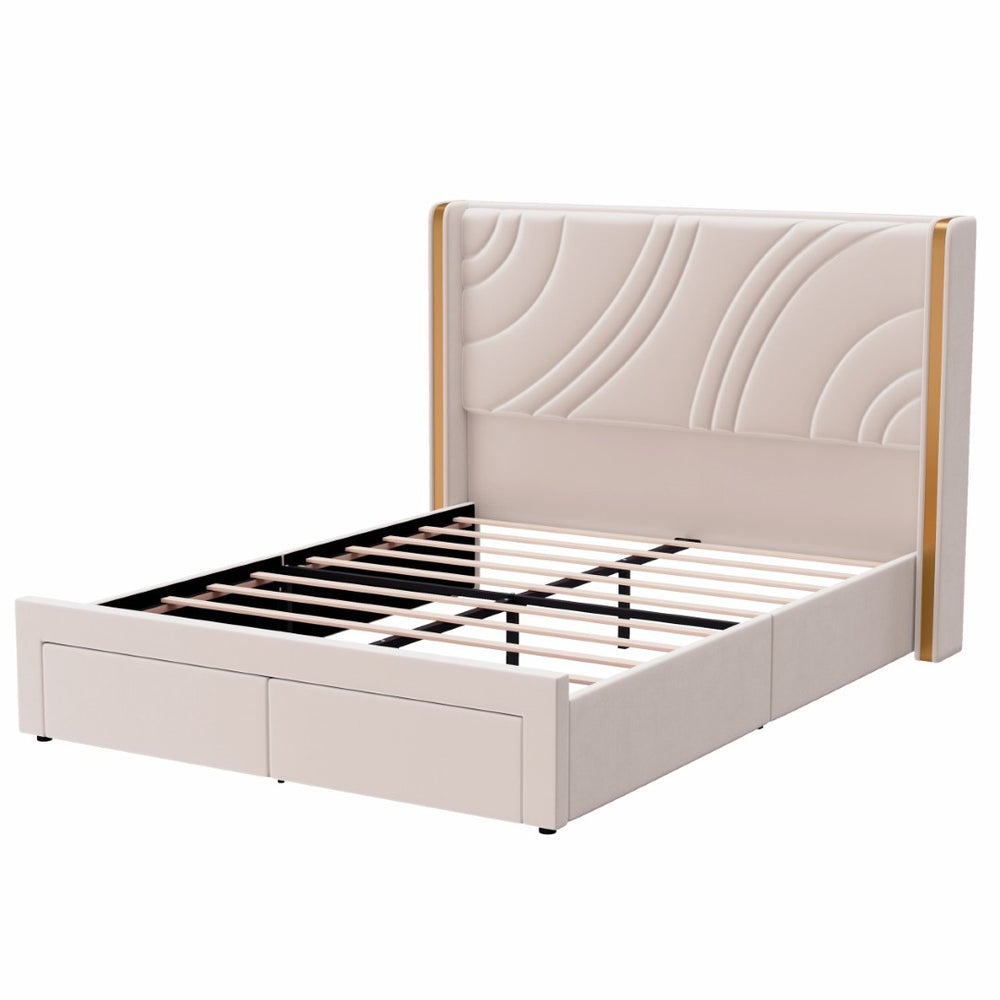 English Elm Queen Velvet Wingback Storage Bed with RGB Lighting Foam Padded Headboard Platform Beige N701P286697C