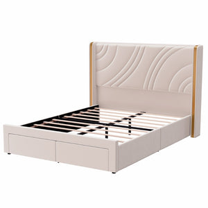 English Elm Queen Velvet Wingback Storage Bed with RGB Lighting Foam Padded Headboard Platform Beige N701P286697C