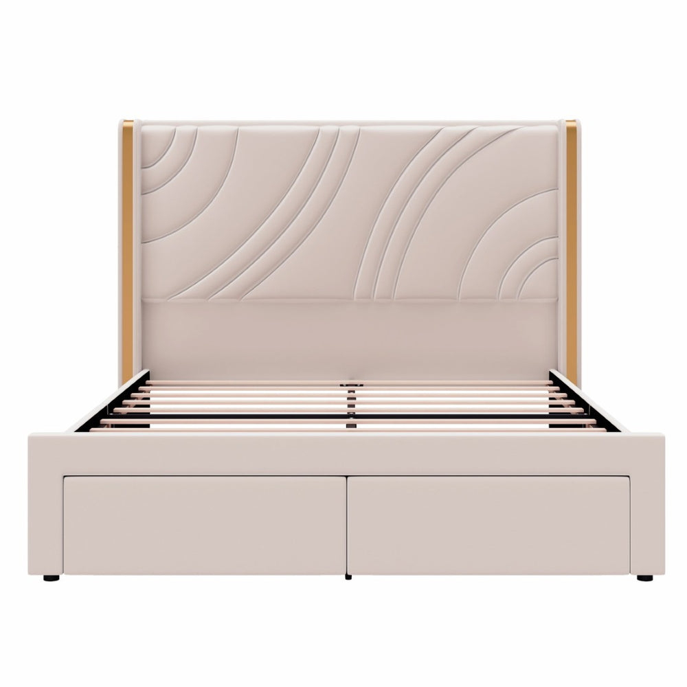 English Elm Queen Velvet Wingback Storage Bed with RGB Lighting Foam Padded Headboard Platform Beige N701P286697C
