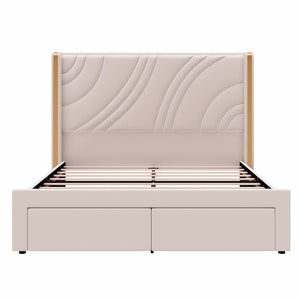 English Elm Queen Velvet Wingback Storage Bed with RGB Lighting Foam Padded Headboard Platform Beige N701P286697C