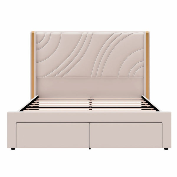 English Elm Queen Velvet Wingback Storage Bed with RGB Lighting Foam Padded Headboard Platform Beige N701P286697C