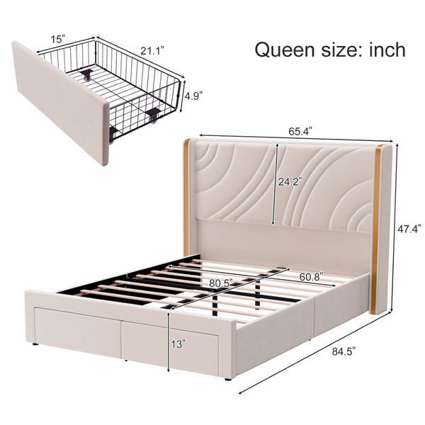 English Elm Queen Velvet Wingback Storage Bed with RGB Lighting Foam Padded Headboard Platform Beige N701P286697C