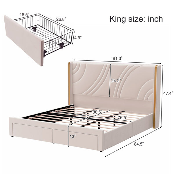 English Elm King Velvet Wingback Storage Bed with RGB LED Lighting and Wooden Slat Support N701P286698C