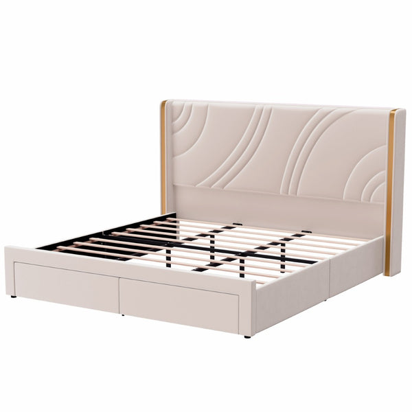 English Elm King Velvet Wingback Storage Bed with RGB LED Lighting and Wooden Slat Support N701P286698C