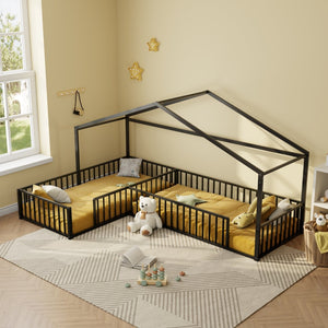 English Elm Double Twin L-shaped Metal House Bed Corner Floor Frame with Fence for Kids Black N701P322273B