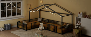 English Elm Double Twin L-shaped Metal House Bed Corner Floor Frame with Fence for Kids Black N701P322273B