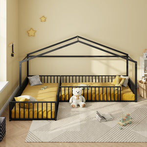 English Elm Double Twin L-shaped Metal House Bed Corner Floor Frame with Fence for Kids Black N701P322273B