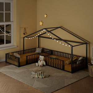English Elm Double Twin L-shaped Metal House Bed Corner Floor Frame with Fence for Kids Black N701P322273B