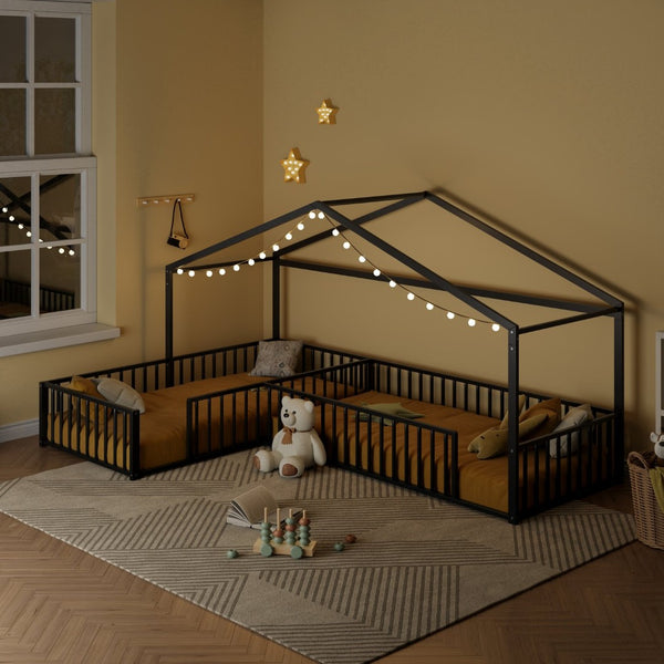 English Elm Double Twin L-shaped Metal House Bed Corner Floor Frame with Fence for Kids Black N701P322273B