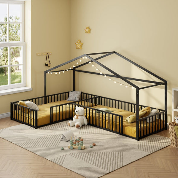 English Elm Double Twin L-shaped Metal House Bed Corner Floor Frame with Fence for Kids Black N701P322273B