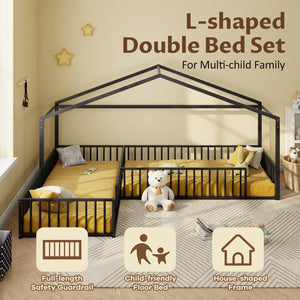 English Elm Double Twin L-shaped Metal House Bed Corner Floor Frame with Fence for Kids Black N701P322273B