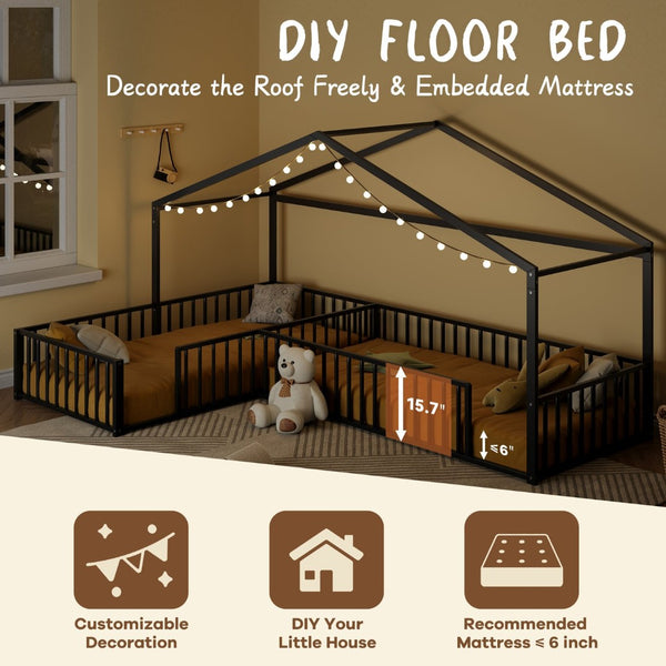 English Elm Double Twin L-shaped Metal House Bed Corner Floor Frame with Fence for Kids Black N701P322273B