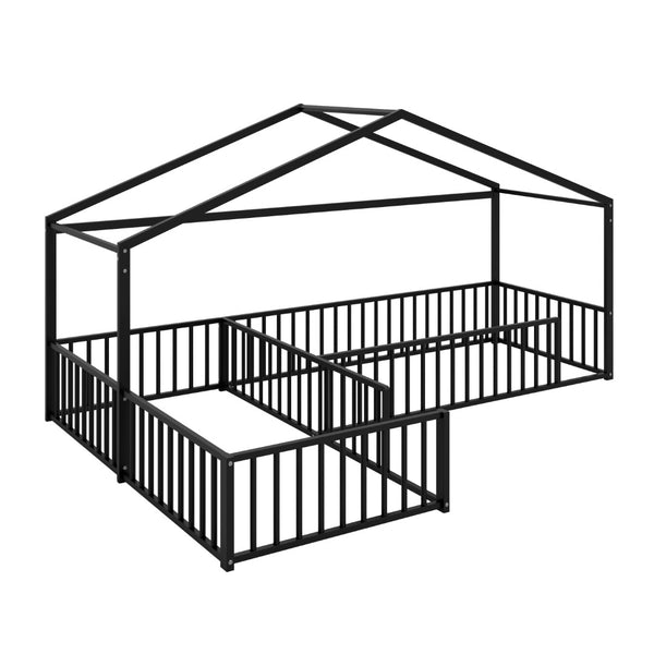 English Elm Double Twin L-shaped Metal House Bed Corner Floor Frame with Fence for Kids Black N701P322273B
