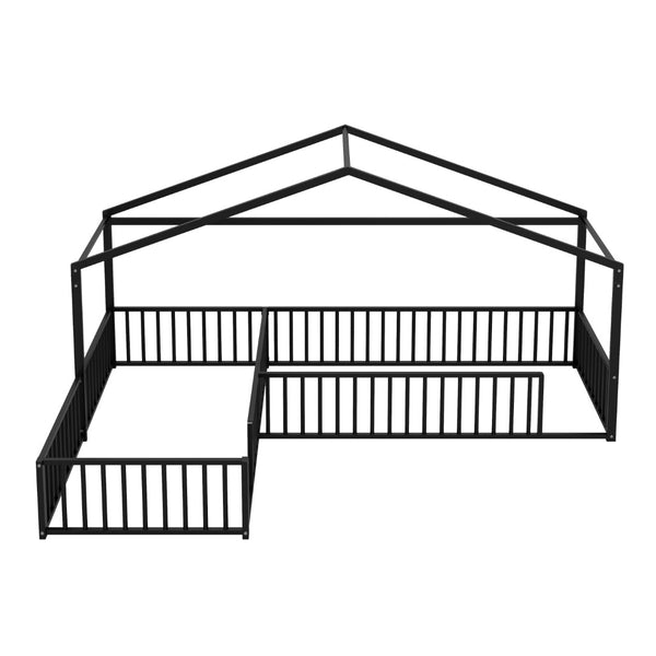 English Elm Double Twin L-shaped Metal House Bed Corner Floor Frame with Fence for Kids Black N701P322273B