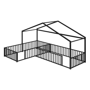 English Elm Double Twin L-shaped Metal House Bed Corner Floor Frame with Fence for Kids Black N701P322273B