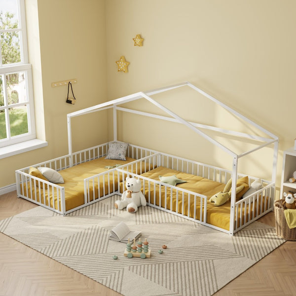 English Elm Double Twin L-shaped Metal House Bed Corner Floor Frame with Fence for Kids White N701P322273K